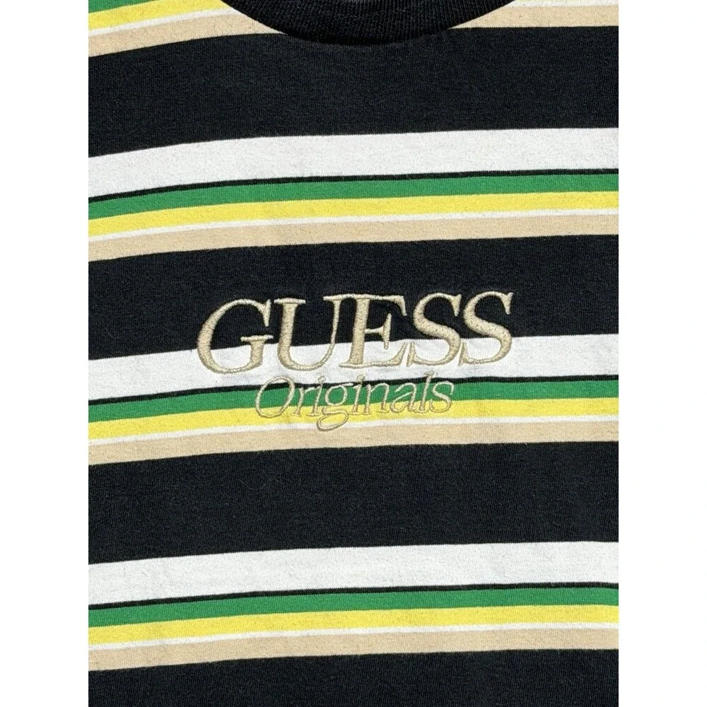 GUESS Originals Striped T-Shirt Men’s Medium Multicolor Embroidered Logo Retro - Picture 2 of 5